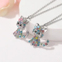 girls cute cat pendant necklace for women children fashion colorful crystal cartoon animal necklaces jewelry gifts blue pink