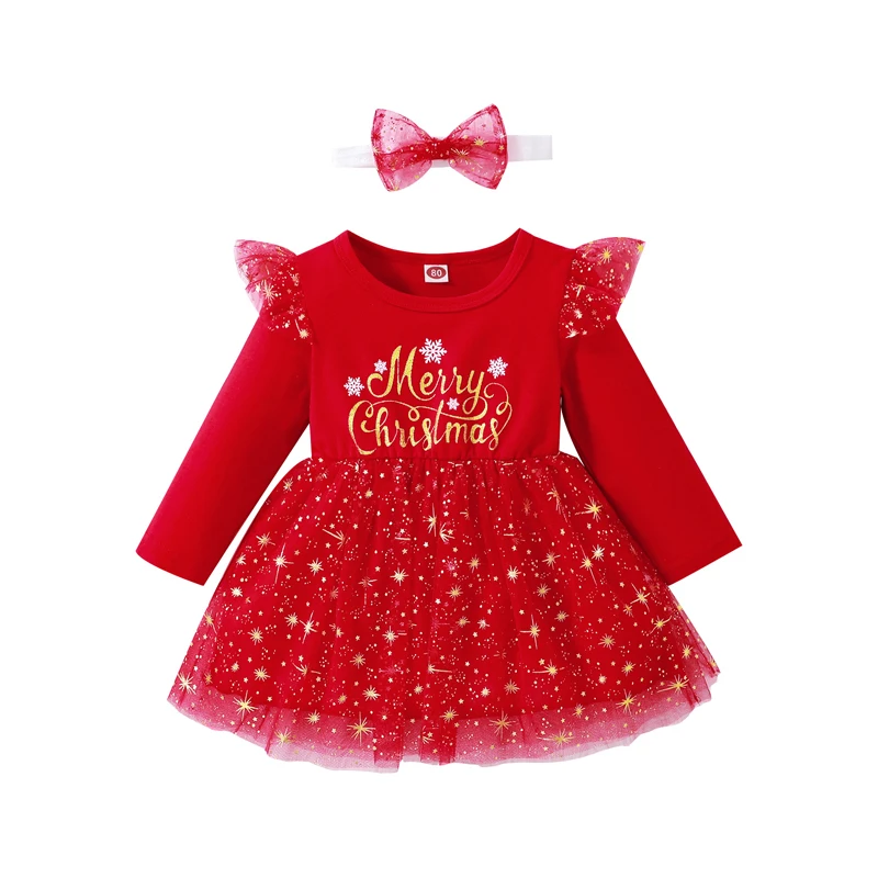 

Kid Girl Dress Suit Long Sleeve Round Neck Letters Print Ruffle High Waist Fall Christmas Dress Headband Children's Clothing