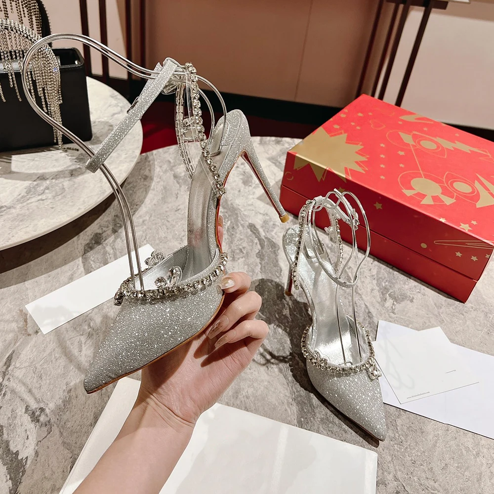 New Luxury Crystal Sandals High Heels Rhinestone Pointed Toe Designer Red Bottom 10cm Stiletto Thin Heel Wedding Party Dress