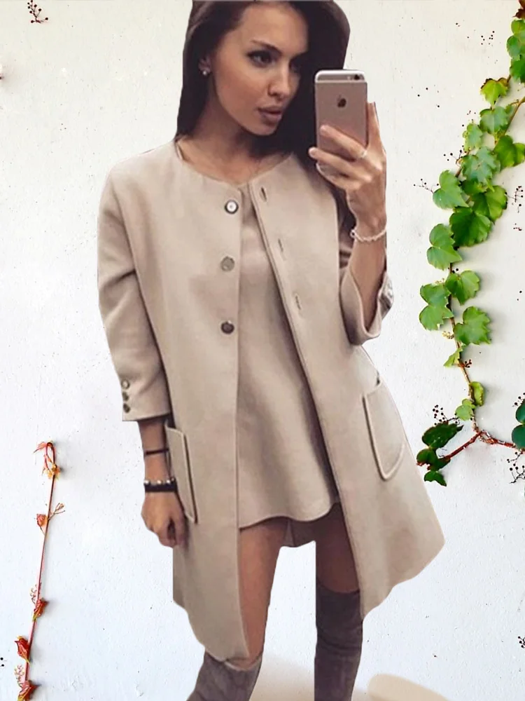 

Taotrees Women Spring Autumn Jacket Khaki O-neck Long-sleeve Plus Pocket Coat