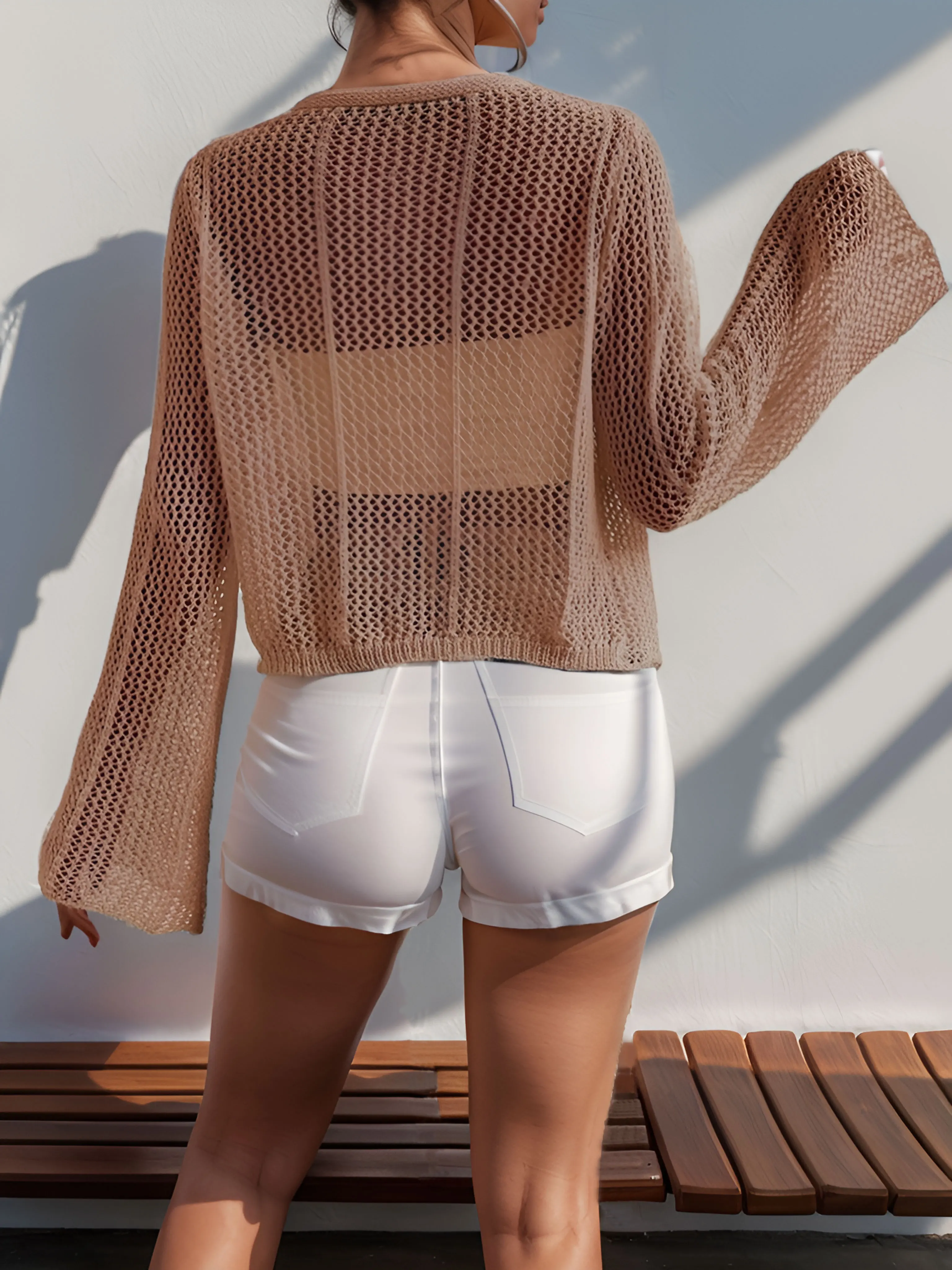 Летняя Коричневая Короткая Блузка С Вырезом Для Рыболовной Сети Длинными