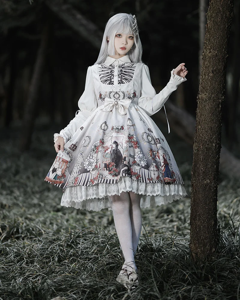 2022 New Fashion Women Cherry Love Gothic Lolita Dress Printing Patchwork  Long Sleeve Pullover Goth Lady Dark Twin Lolita Dress