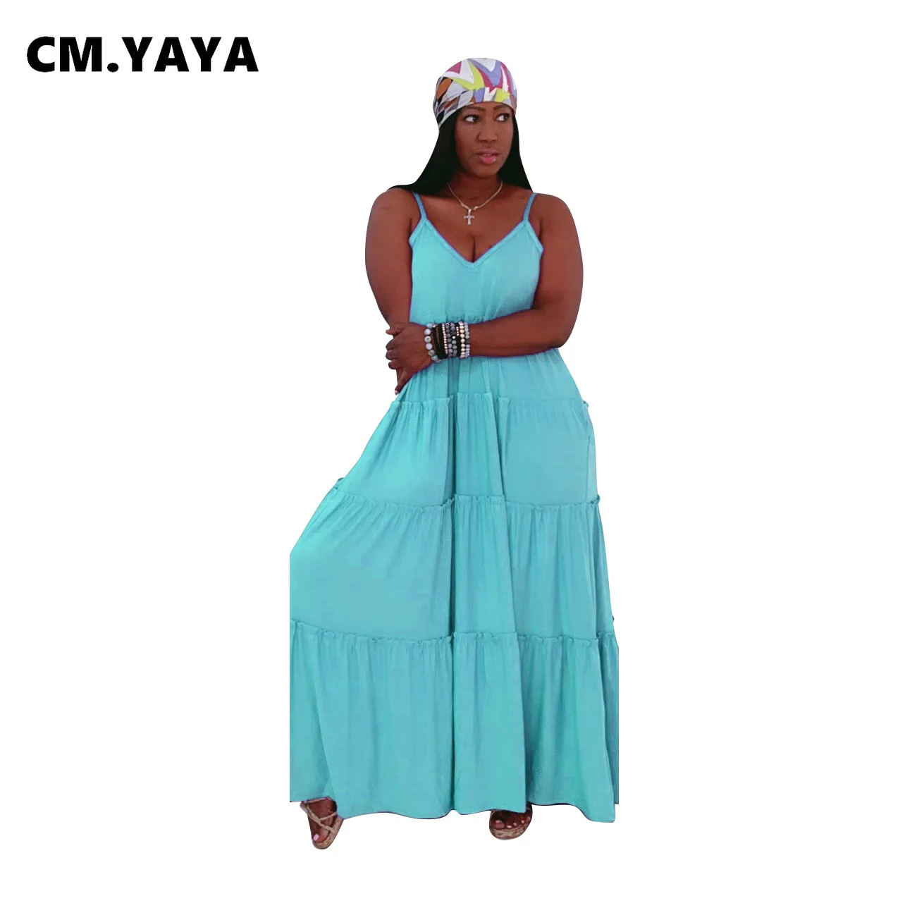

CM.YAYA Elegant Women Spaghetti Strap V-neck Sleeveless Loose Cascading Ruffles Big Swing Maxi Long Dress for 2022 Summer Dress