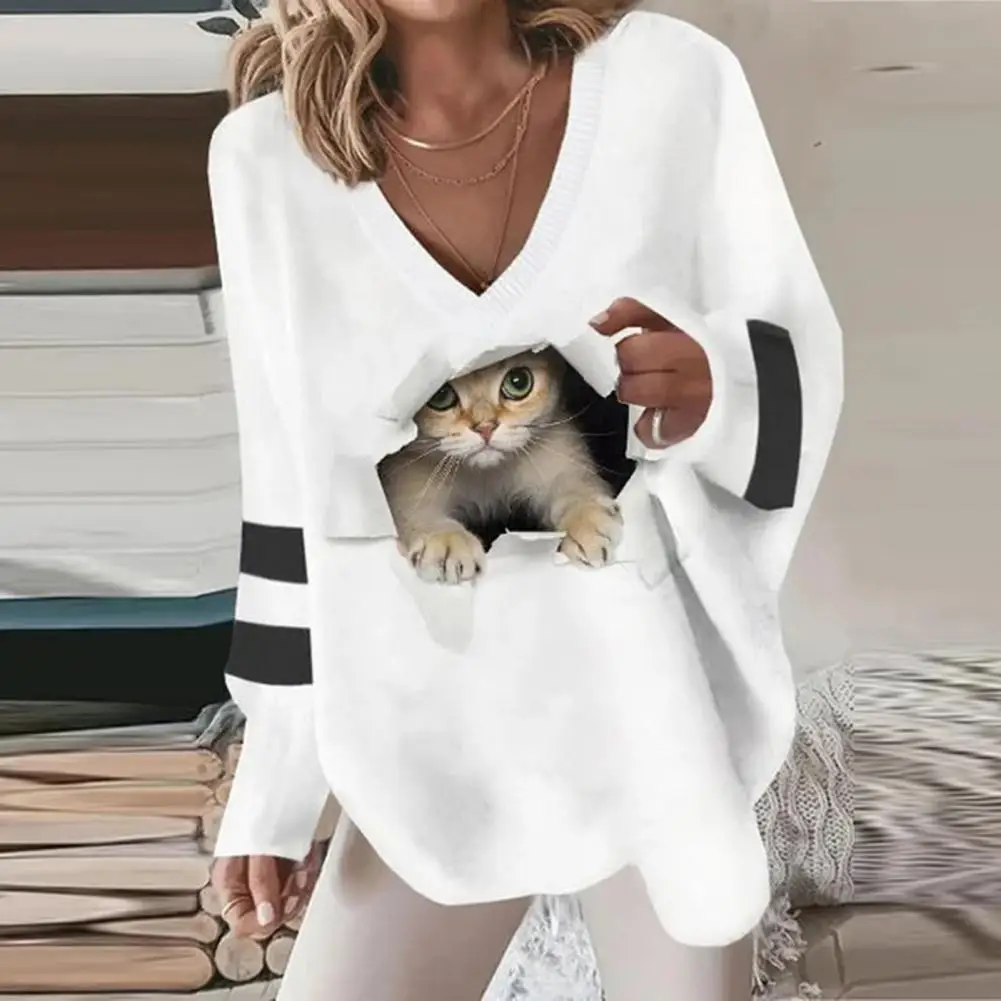 

V-neck Top Charming Striped Cat Heart Print Women's V-neck Pullover Loose Fit Irregular Hem Lady T-shirt Blouse for Spring Fall