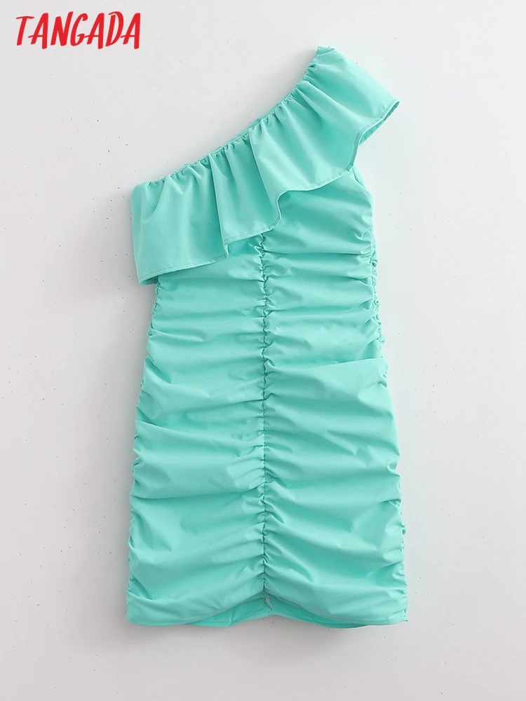 

Tangada 2022 Fashion Women Ruffles Pleated One Shoulder Off Dress Sleeveless Ladies Mini Dress 1D119