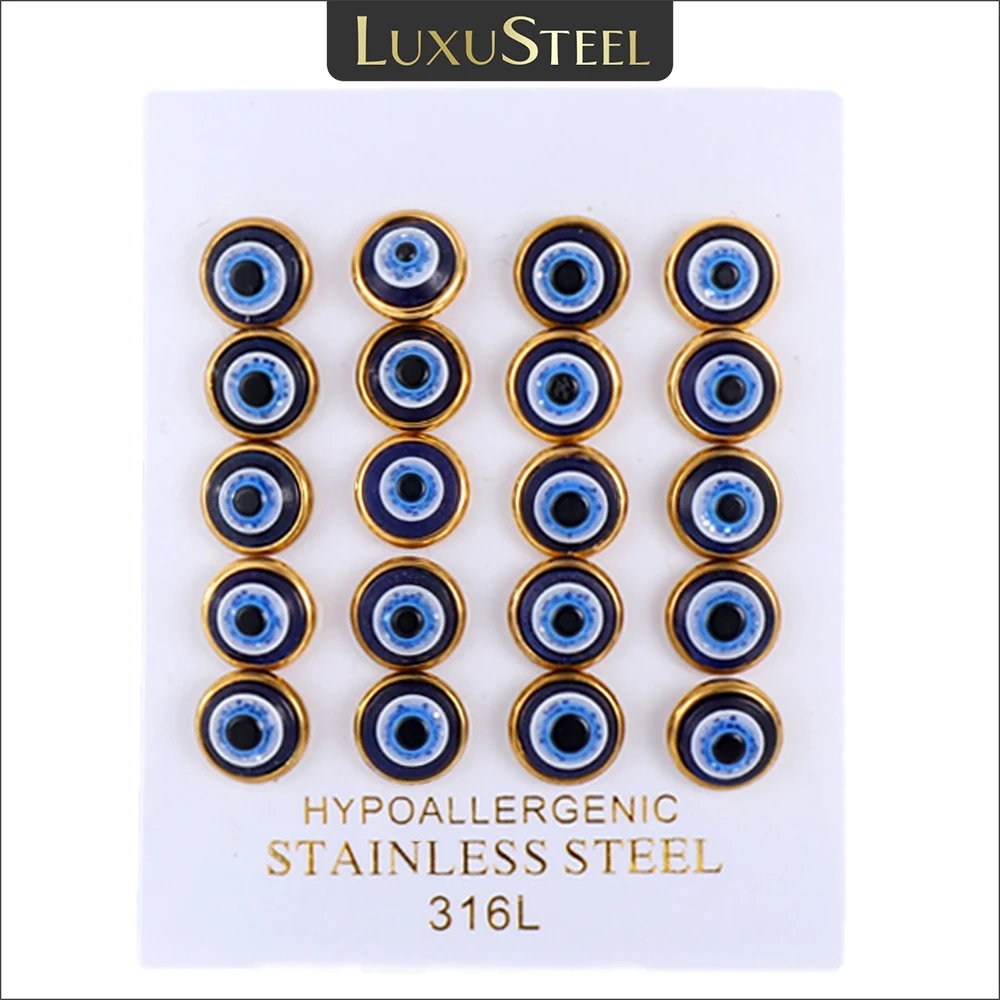 

LUXUSTEEL 316L Stainless Steel Colored Turkish Blue Eyes Pierced Earring Women Men Evil Eye Stud Earrings 10Pairs Wholesale
