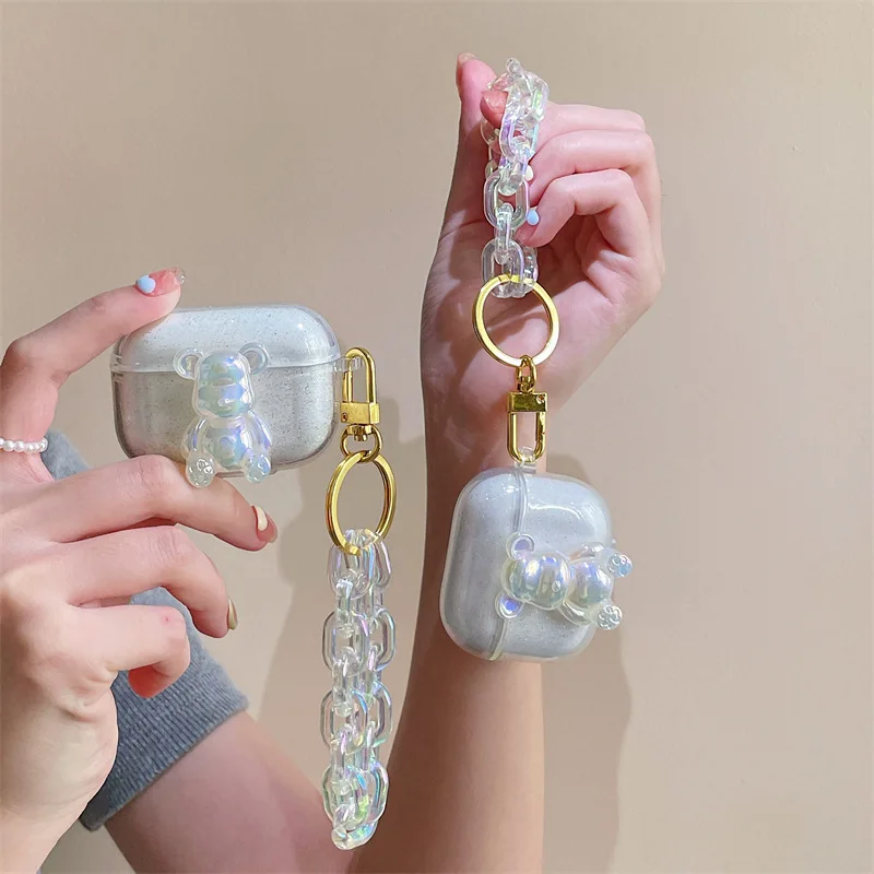 

Glitter Powder Aurora Bear Chain Case for AirPods 3 Case Apple AirPods 1 and 2 Case Cover AirPods Pro Case Earbuds Accessories