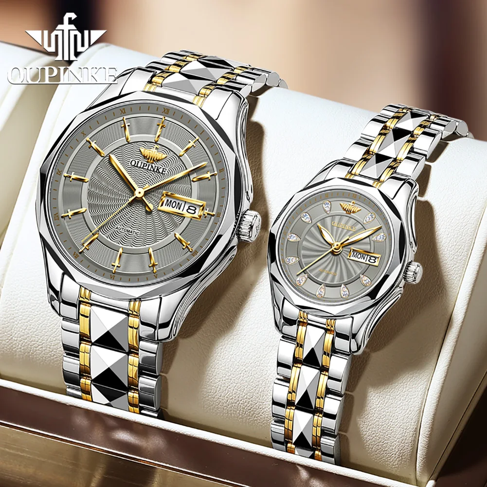 OUPINKE Automatic Couple Series Business Sapphire Tungsten Steel Waterproof Luxury Mechanical Couple Watch Set Necklace Bracelet