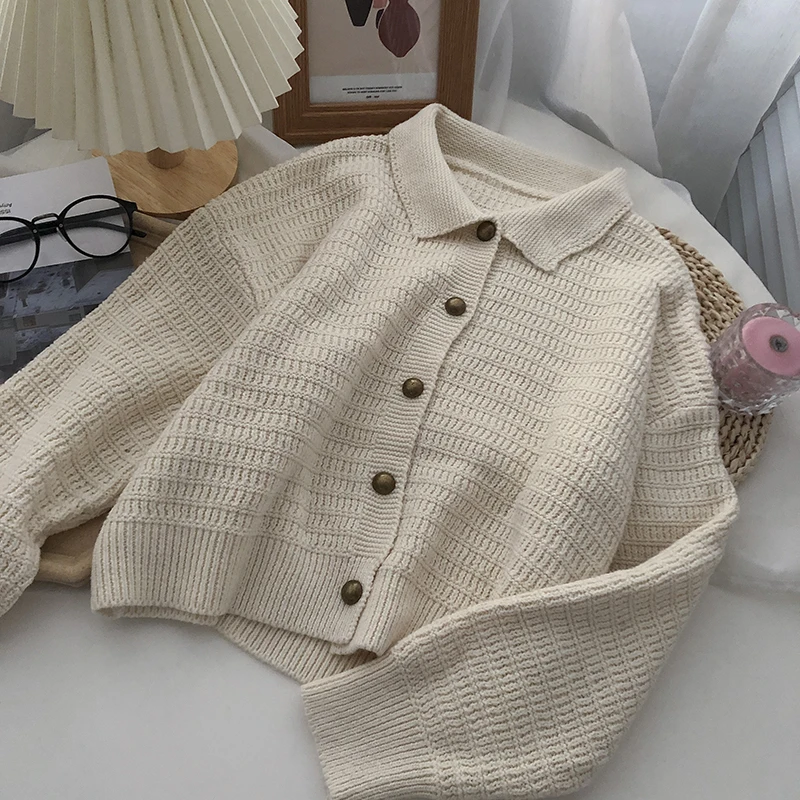 

Knitted Vintage Sweater Pure Color Buttons Turn-Down Collar Sweaters Short Cardigan Female Casual Women Clothes Dropshipping