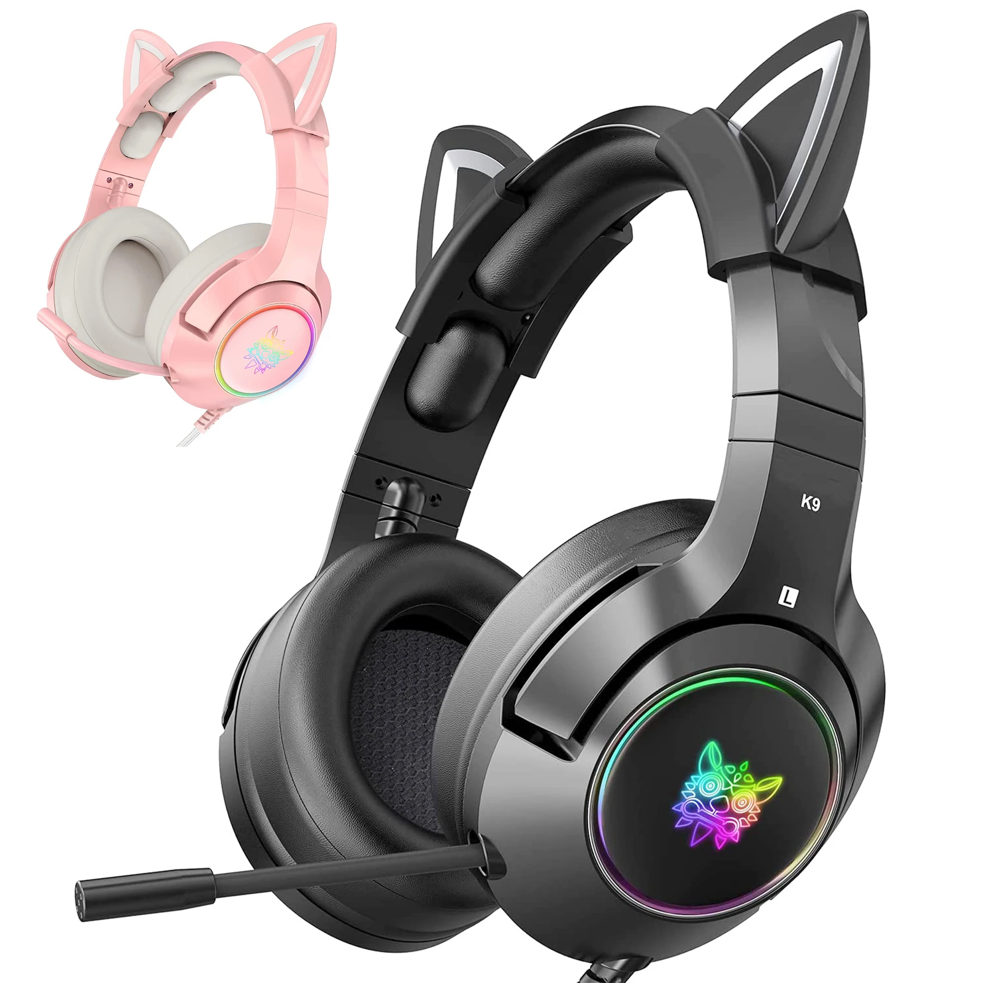 

Gaming Headset with Removable Cat Ears Compatible with PC PS4 PS5 Xbox One Mobile Phones with Surround Sound RGB Backlight & Noi