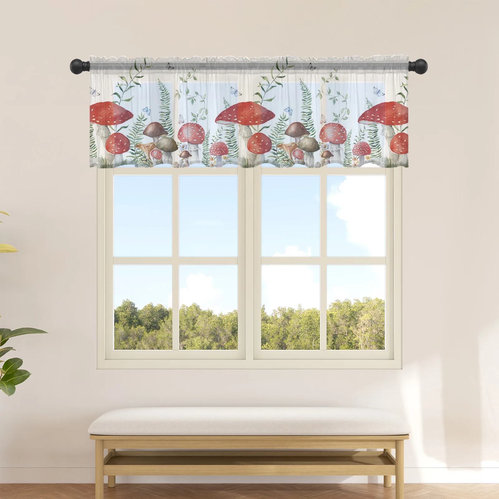 

Mushroom Green Plant Butterfly Short Tulle Curtain Half-Curtain for Kitchen Door Drape Cafe Small Window Sheer Curtains