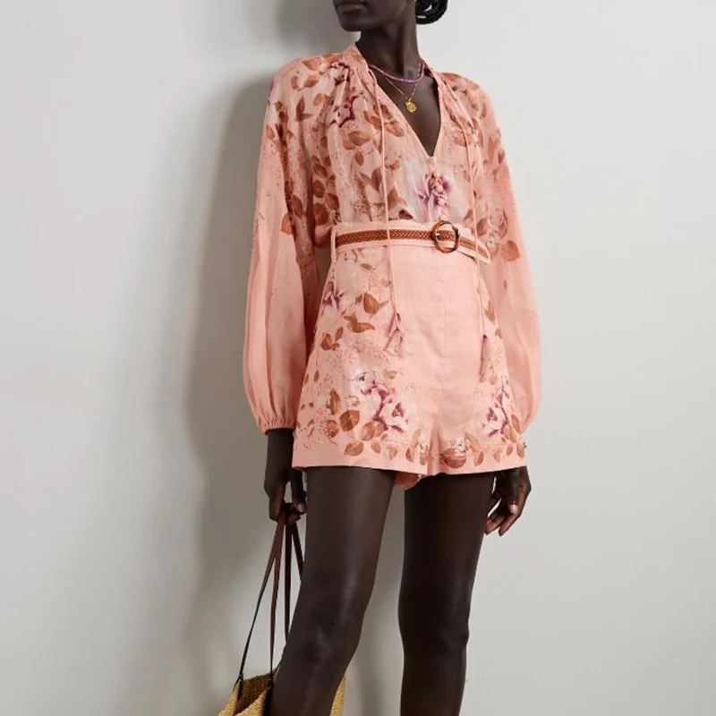 

2022 Women Shirts Summer Women Floral Pink V-neck Long Sleeve Lapel Buttons Vintage Shirts Elegant Blouses Tops Female Elegant