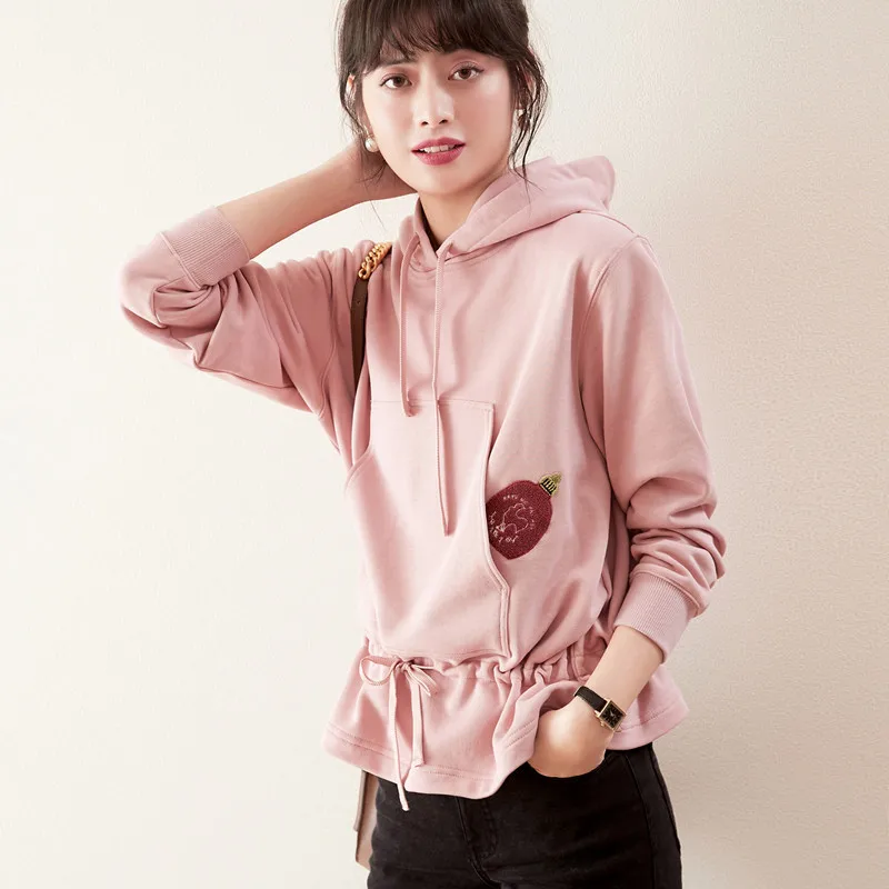 

2022 Autumn High Quality Casual Cartoon Embroidery Drawstring Waist Loose Long-sleeved Hooded Cotton Sweater Women