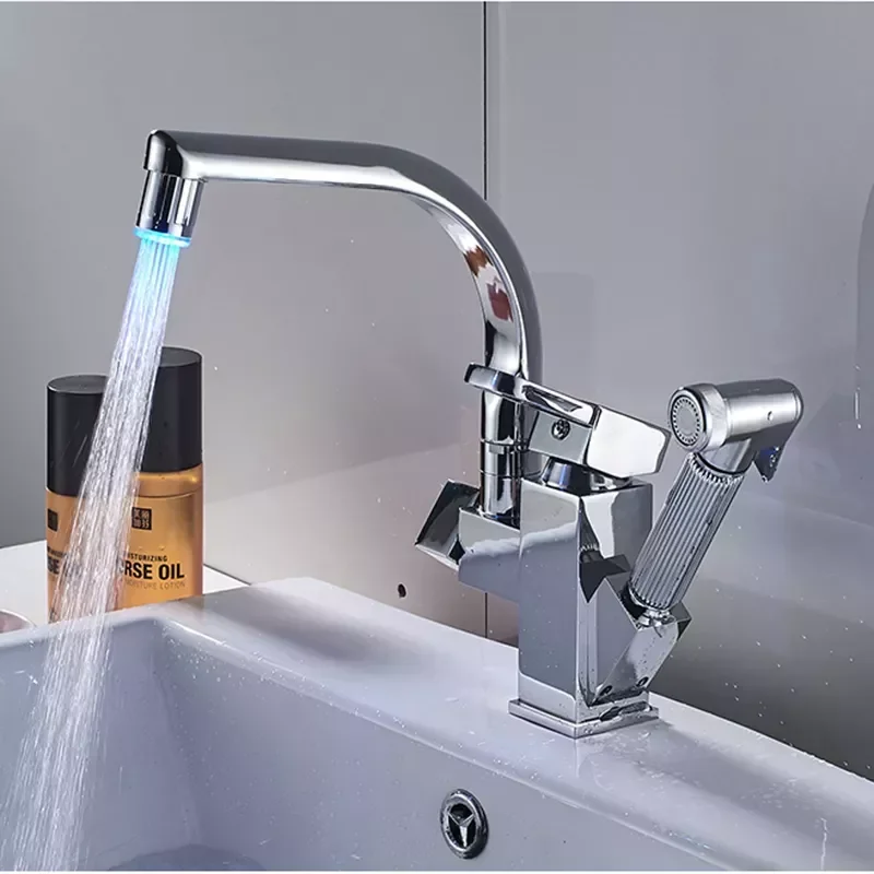 

LED Light Kitchen Faucet Mixer Tap Single Handle Two Swivel Spouts Kitchen Hot Cold Water Tap Pull Out Flushing Spray Tap