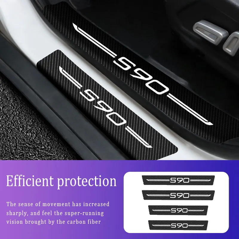 

4x Sill Protector Stickers Scuff Plate Carbon Fiber For Volvo S90 Logo Anti Scratch Stickers Car Door Thresh