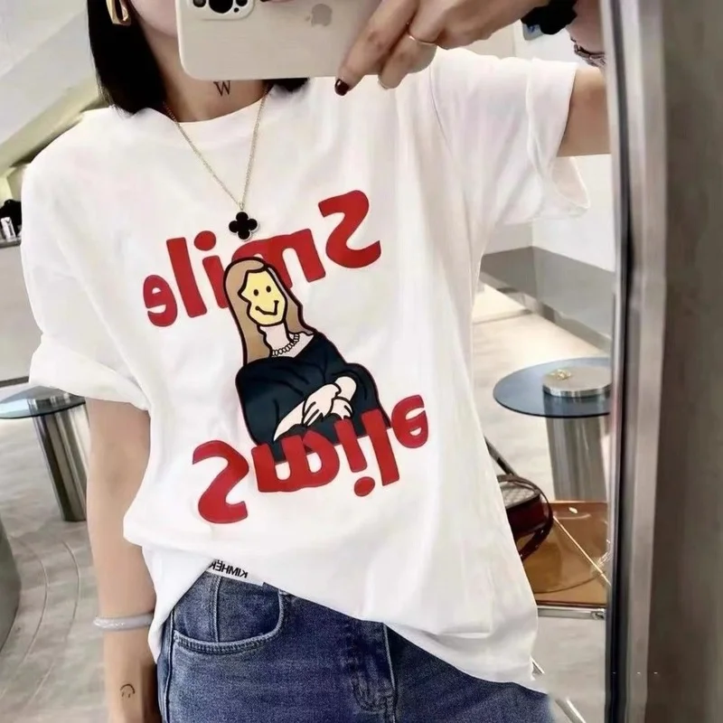 

Женская Универсальная футболка с принтом Моны Лизы, белая модная футболка большого размера с круглым вырезом и коротким рукавом в Корейско...