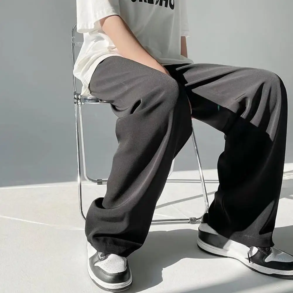

Summer Men Pants Solid Color Elastic Waist Anti-wrinkle Men's Thin Section Ice Silk Pants Draping Wide Leg Trousers Streetwear