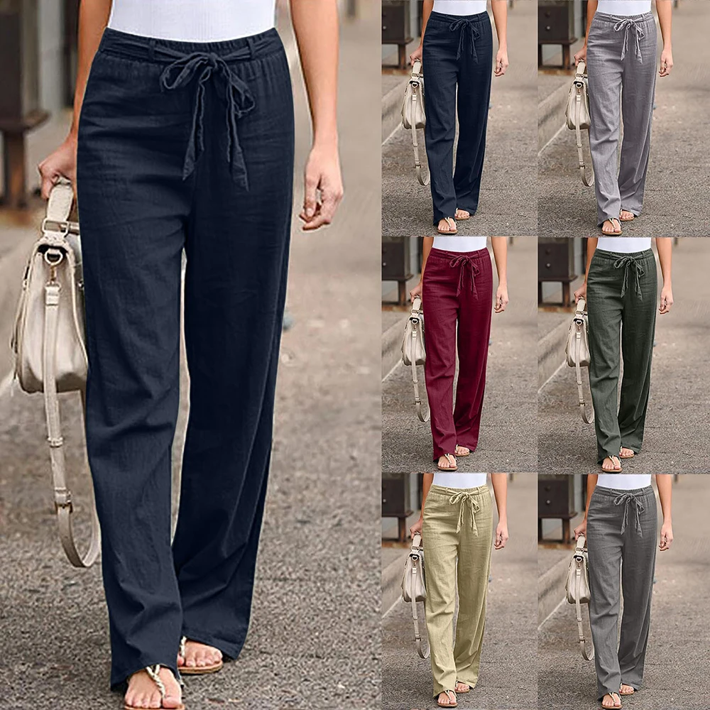 Fashion Ladies Cotton Linen Pants Female Solid Color Elastic Waist Loose Straight Trousers Summer Women Casual Pants