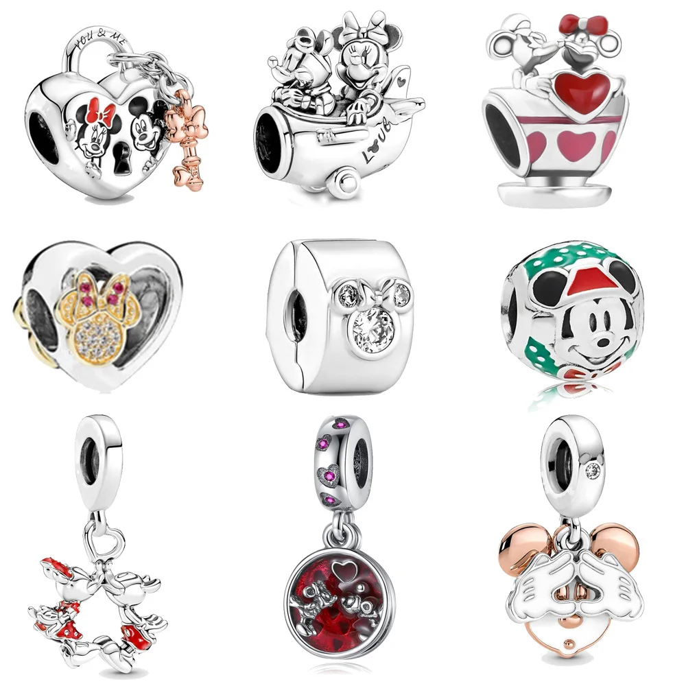Charms Silver 925 Original Disney Mickey Mouse Double Dangle Charm Fit Bracelet Silver 925 Charm for Women Jewelry Making Gift