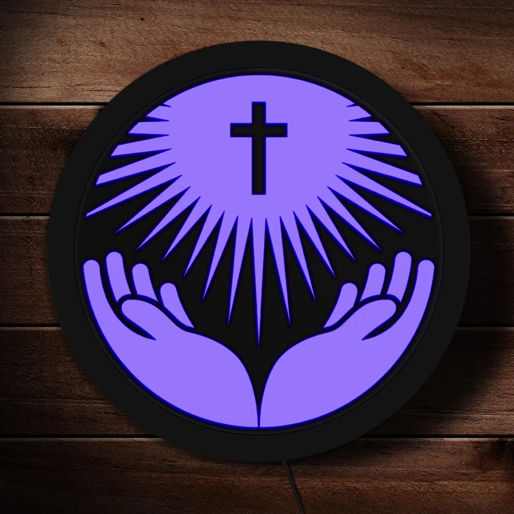 

Hands Holding Cross Religion Symbol Custom Edge Lit Round LED Neon Sign Church Logo LED Lighting Decor Chritian Religious Gift