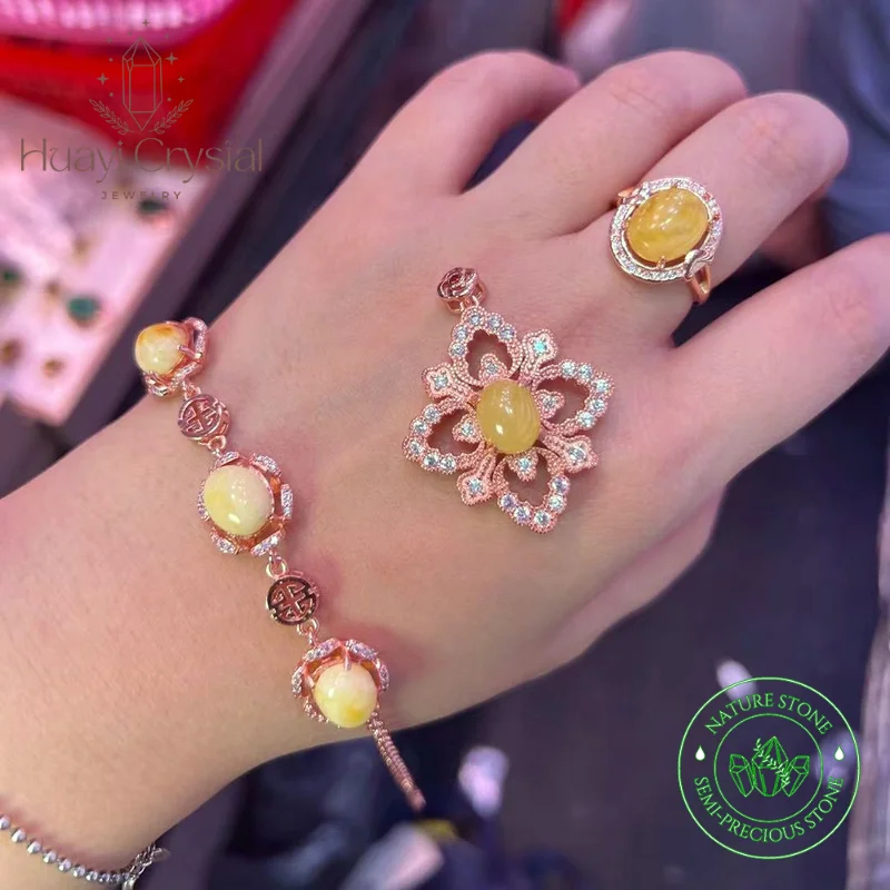 

Natural Beeswax Amber French Vintage Floral Pendant Egg Face Bracelet Halo Ring Treasure Set Brass Gold Plated Women Jewelry