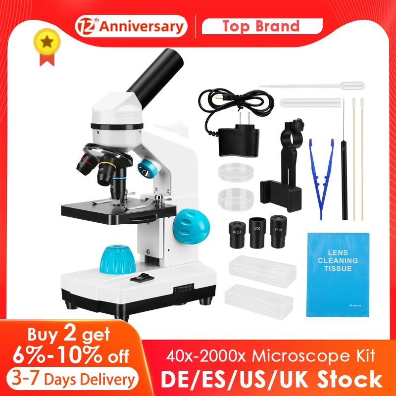 EU US UK Stock 40x-2000x Microscope Kit with Led Lights Higher Magnification 45° Tilted Science Kit for Kids&Students