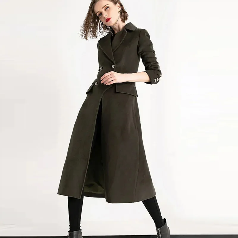 

2022 Autumn Winter New Woollen Coat Women Long Style Over The Knee Fashion Atmosphere Temperament Thick Woollen Jacket Female