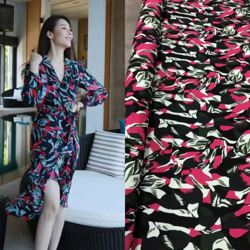 

Модный высококачественный черный фон с красным рисунком из натурального шелка, стрейчевый крепдешиновый материал для платьев и рубашек