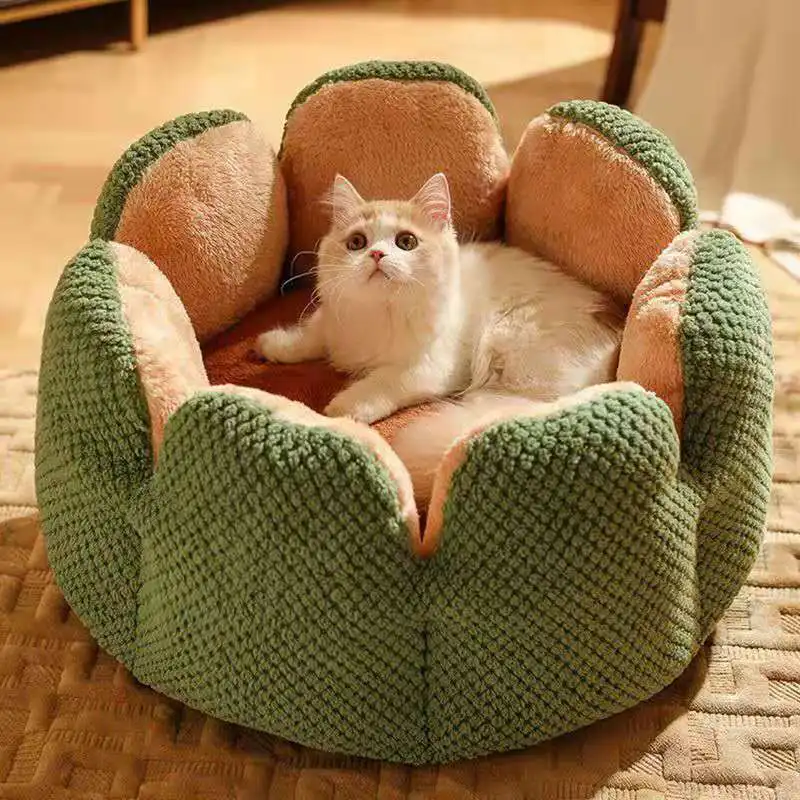 

Round Beds Soft Pet Mat Plush Suppiles Basket Kitten Bed Cushion Kennel Cat Winter Warm Petal-shaped Fluffy House Dog Puppy