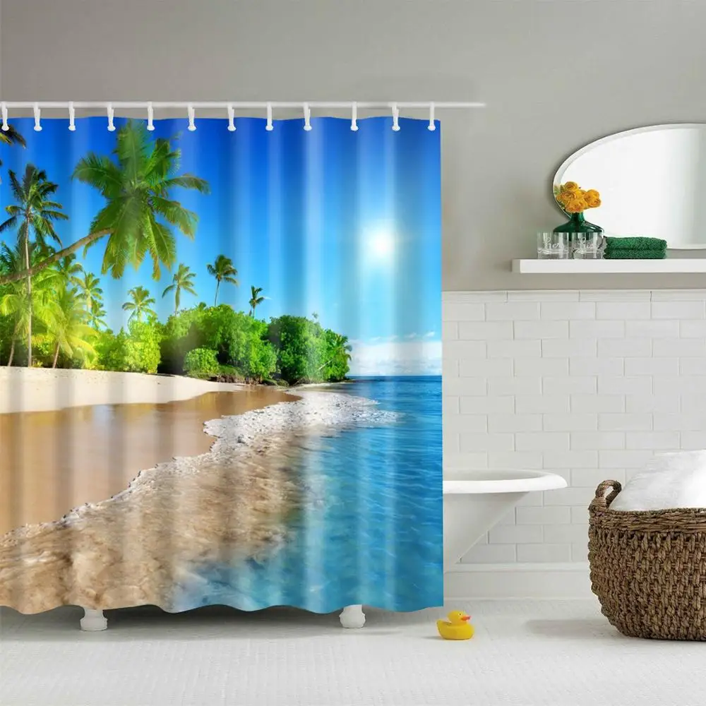 

New 3D Shower Curtain Beach Green Forest Waterproof Polyester for Bathroom Curtain Green Plant Shower Curtain with Hook Curtains