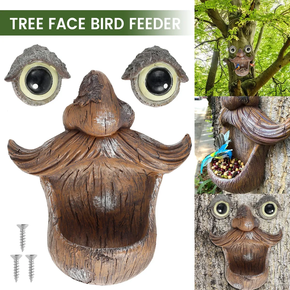 

Creative 3D Face Bird Feeder Resin Fun Old Man Statue Tree Ornamen Hanging Food Container Outdoor Garden Decor Wild birds Feeder