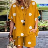 summer women matching sets tracksuits round collar cotton flax women print blouse fashion elastic shorts