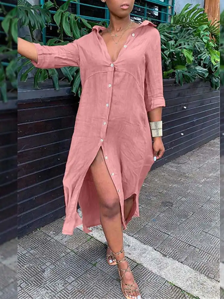 

2022 Spring Autumn Maxi Robe Longue ZANZEA Women Solid Shirt Dress Casual Holiday Irregular Kaftan Slit Baggy Sundress Oversized
