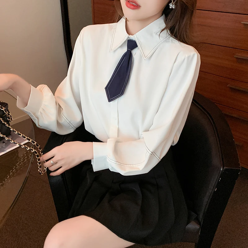 

Tie Neck Solid color Blusas De Mujer New Cardigan White Ladies Top Woman Long sleeve Button Up Shirts Blouses Women's shirt 529F