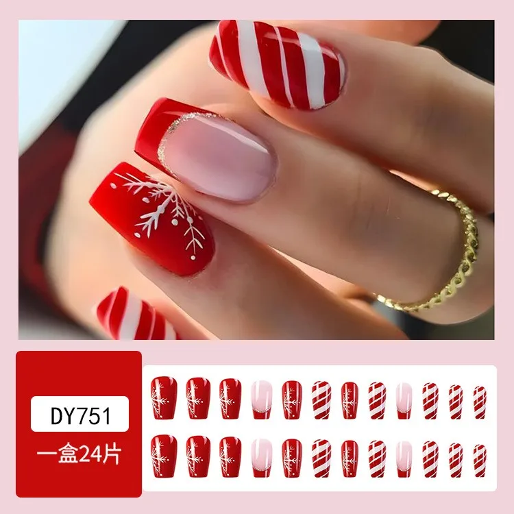 

24Pcs Christmas Exclusive False Nails Wearable French/Coffin/Ballet Fake Nails Xmas Snowflake Design Full Cover Press on Nails