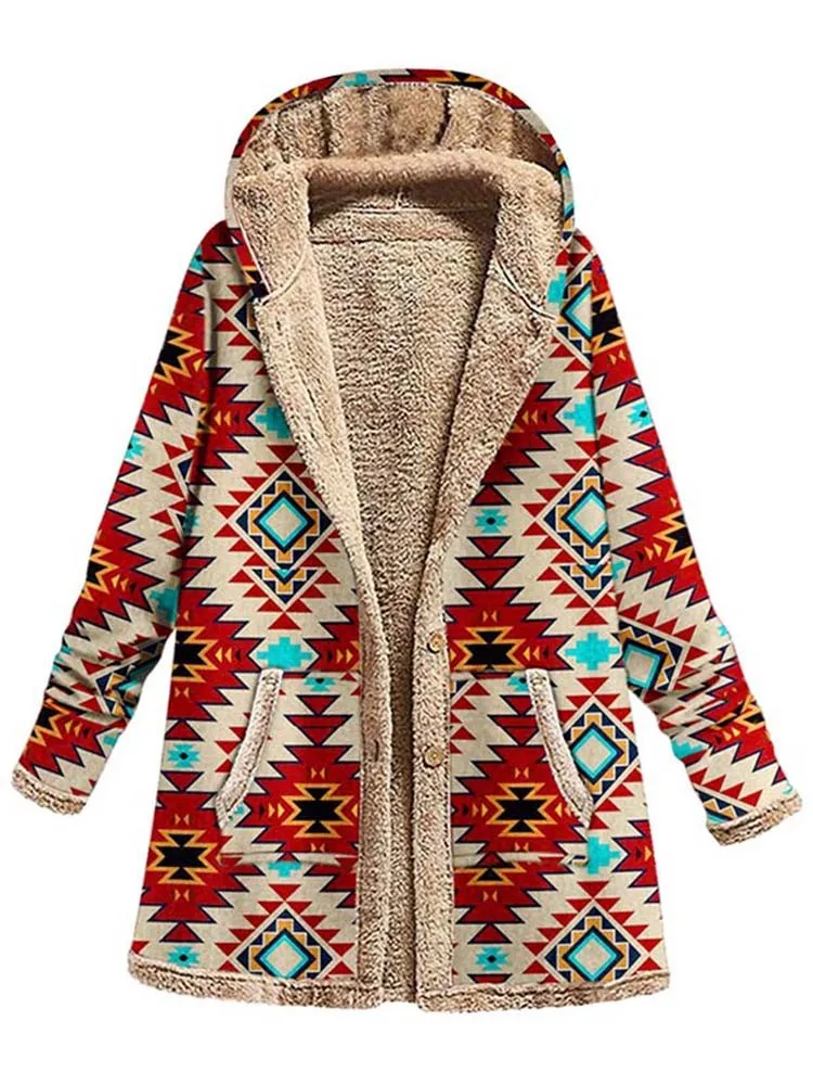 Зимняя Флисовая теплая куртка с капюшоном Женская мода этнический принт длинным