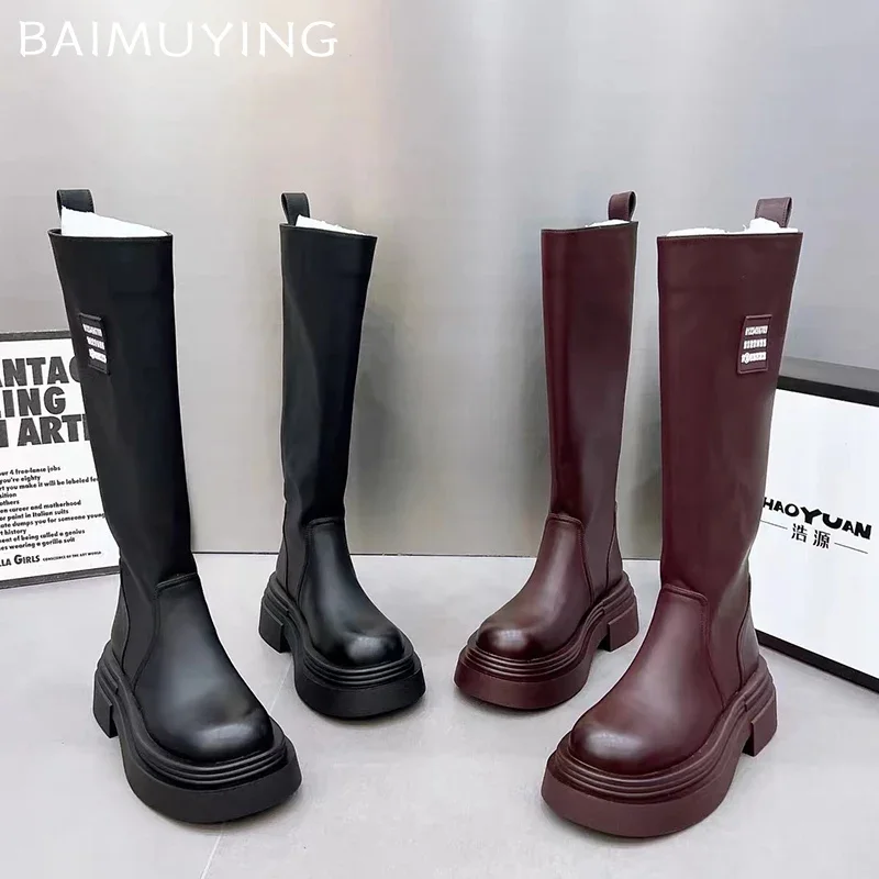 Женские высокие сапоги на платформе модная обувь среднем каблуке кожаные до