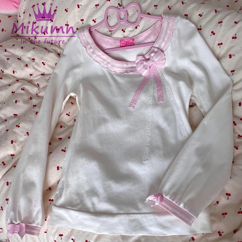 Фото Женская футболка Mikumn в японском стиле Sweet Lolita, розовая, с круглым вырезом, длинными рукавами, милым бантом, белая, повседневная, Y2K, топы