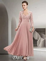 a line short mother of the bride dress elegant sweetheart pink ankle length two piece chiffon lace long sleeve with pleats