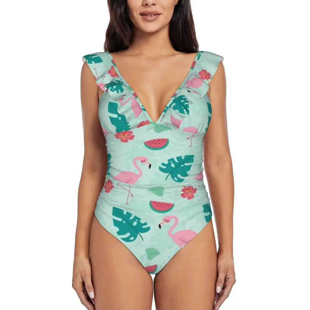 

Sexy Female Retro V Neck Flamingo Print Swimsuit One Piece Ruffled Push Up Padded High Waist Swimwear Women Monokini
