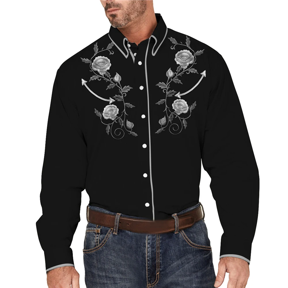Man Shirt For Men Dress Shirt Flowers Printed Long Sleeve Loose Men Western New Spring And Autumn Fashion