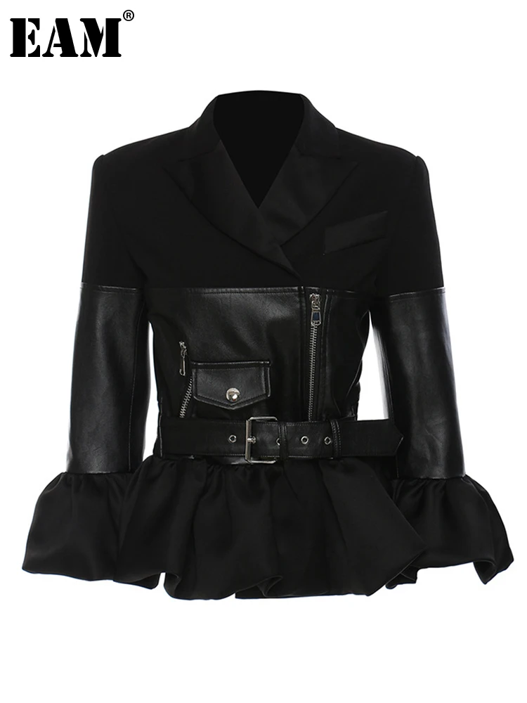 

[EAM] Loose Black Leather Sashes Zippers Ruffkes Hem Jacket New Lapel Long Sleeve Women Coat Fashion Spring Autumn 2022 1DE6070