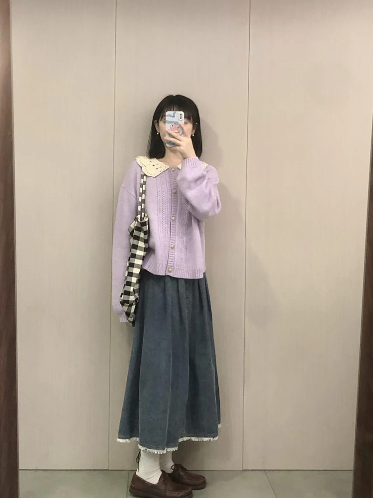 Французский стиль ретро кукольный воротник ажурный фиолетовый свитер верхняя