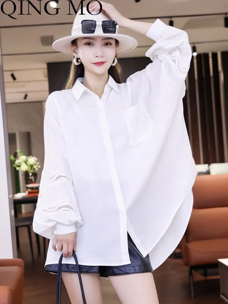 

QING MO White Shirt Women Design Sense Niche Lantern Sleeve 2023 Summer New Patchwork Lace Top Oversize ZXF2708