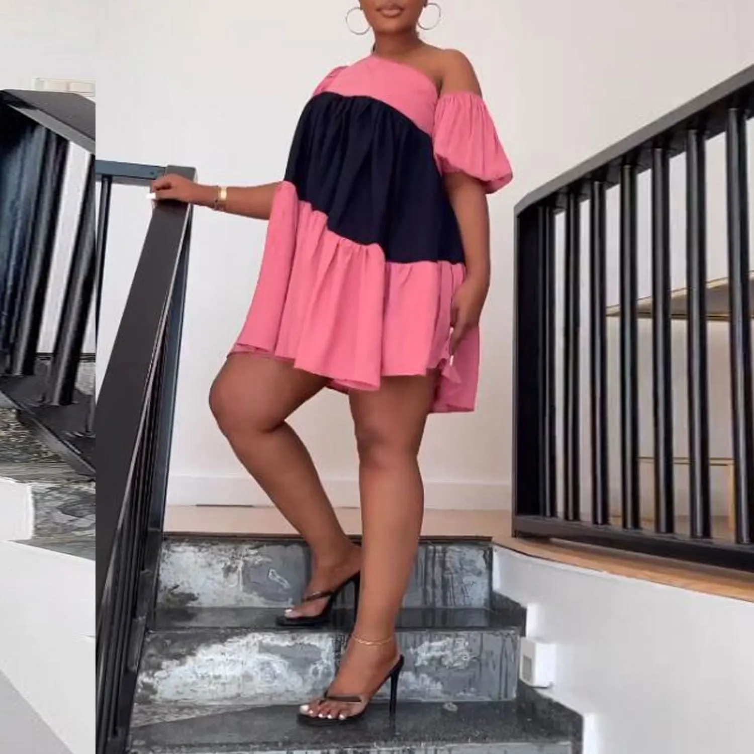 Plus Size Wide Mini Dress Patchwork Loose One Shoulder Women Cloth Chubby 2023 Summer Female Luxury Trendy Party New In Dress