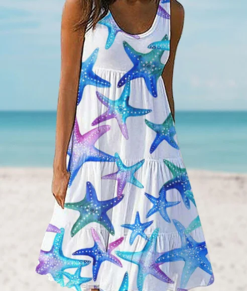 

Sea Asteroidea Print Women's Fashion Sexy Sling Beach Dress Elegant Summer Strap Beach Midi Dress Beach Patry Dresses Sleeveless