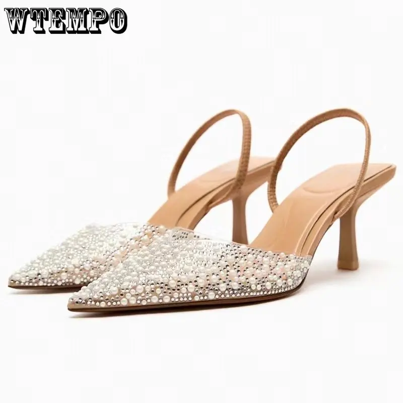 WTEMPO Women Pointed Head High Heeled Sandals Summer Sexy Shoes Fashion Pearl Decoration Slingback Pumps Wholesale Dropshipping