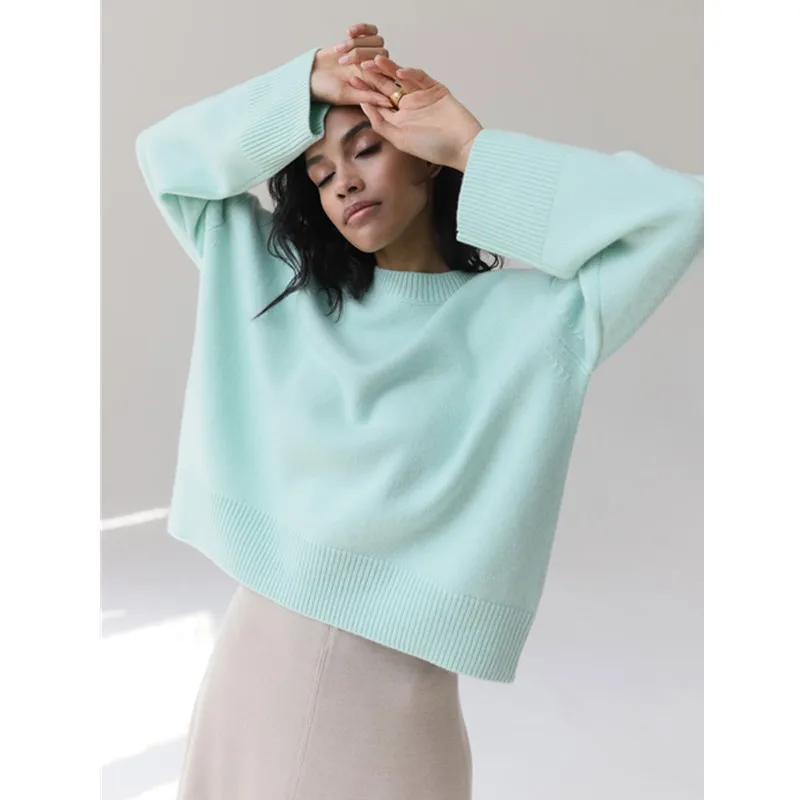

Elegant Women Soild Knitted Sweater 2022 Autumn Oversize Long Sleeve O Neck Pullovers Casual Loose Soft Female Knitwear Jumper