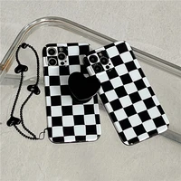 black heart folding stand checkerboard with lanyard girl soft case for iphone 11 12 13 pro max 7 8 plus xr x xs se cover fundas