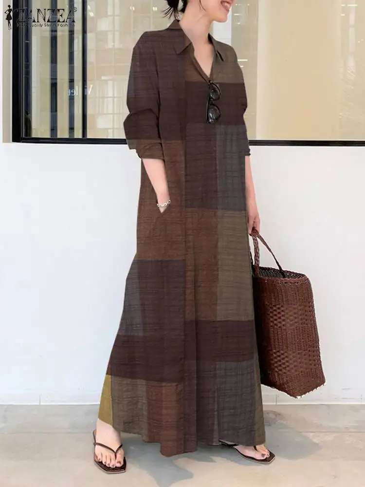 

Vintage Check Shirt Dress Women Autumn Sundress ZANZEA Casual Long Sleeve Lapel Maxi Vestidos Fahshion Grid Robe Femme Kaftan